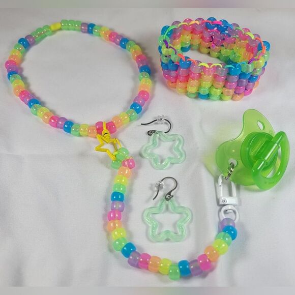 sour patch Kawaii Kandi Kid drop star Necklace Cuff Earrings Glow jewelry Set. - Picture 3 of 9